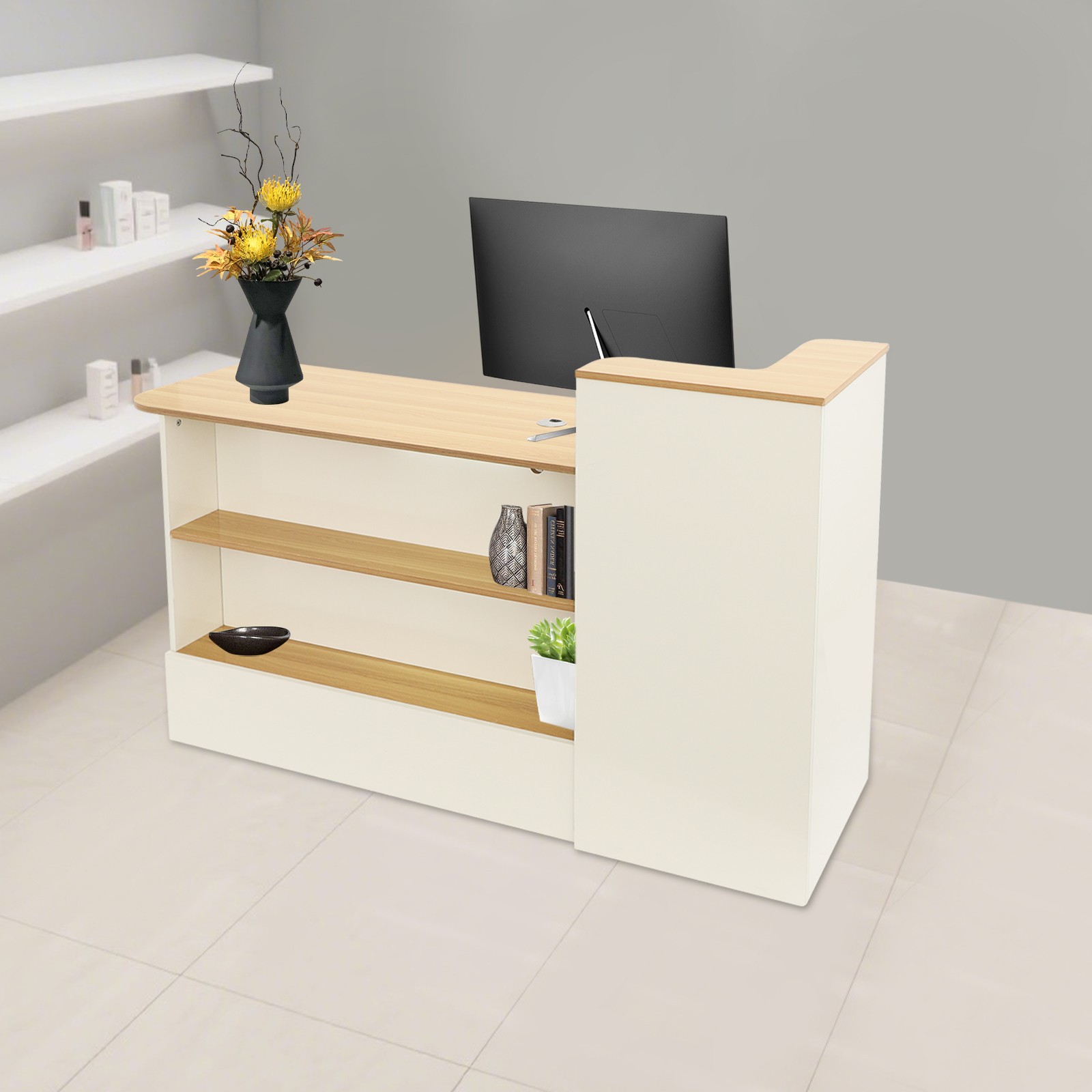 Modern Reception Desk Rectangle Reception Table w/ Lockable Drawer Free Standing