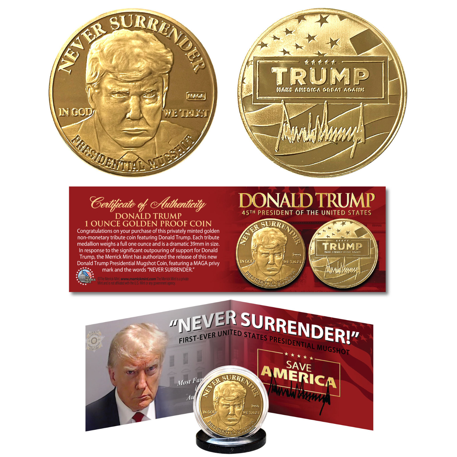 Donald Trump MUGSHOT Golden Proof 1 OZ 39mm Tribute Coin with Panoramic COA