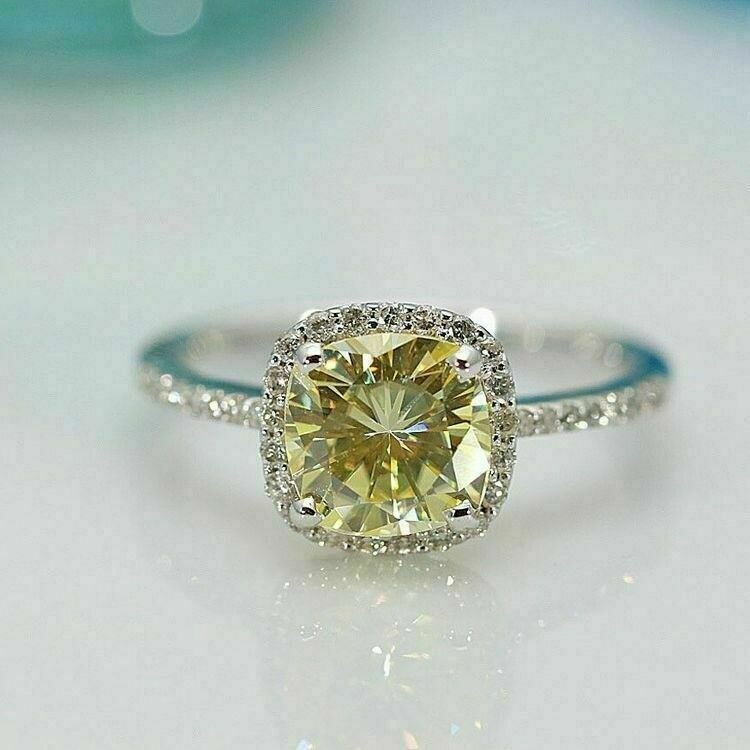 2Ct Cushion Lab-Created Canary Yellow Diamond Wedding Ring 14K White Gold Finish