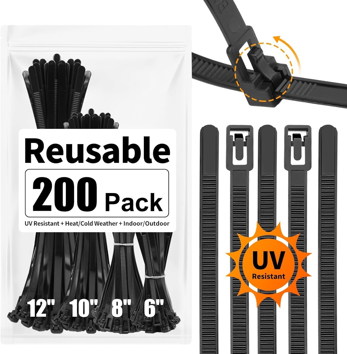 200 Count Heavy Duty Zip Ties Assorted Sizes with Non-Slip Grip for Reliability