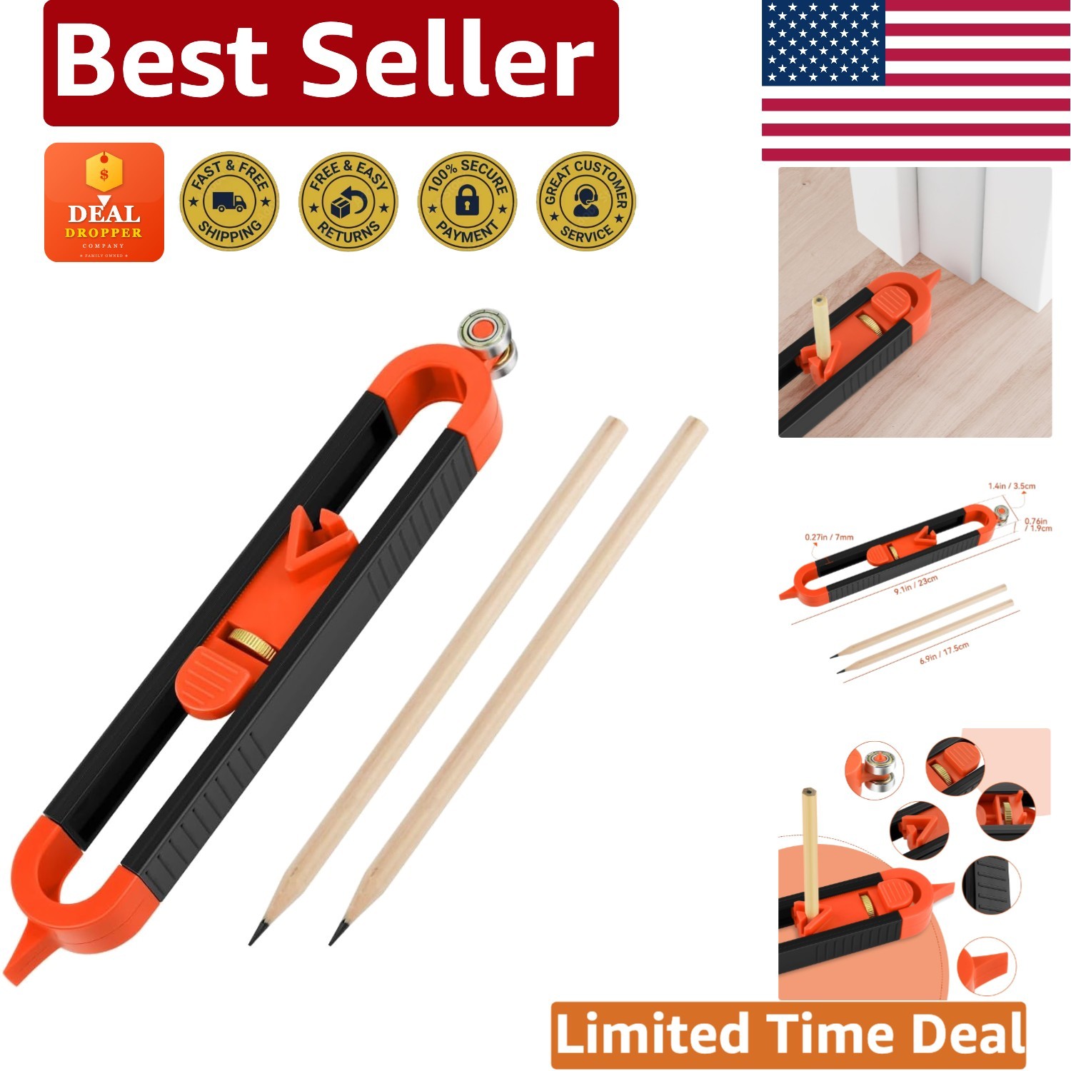 Compact Contour Scribing Tool with Adjustable Lock & Dual Pencils - Black