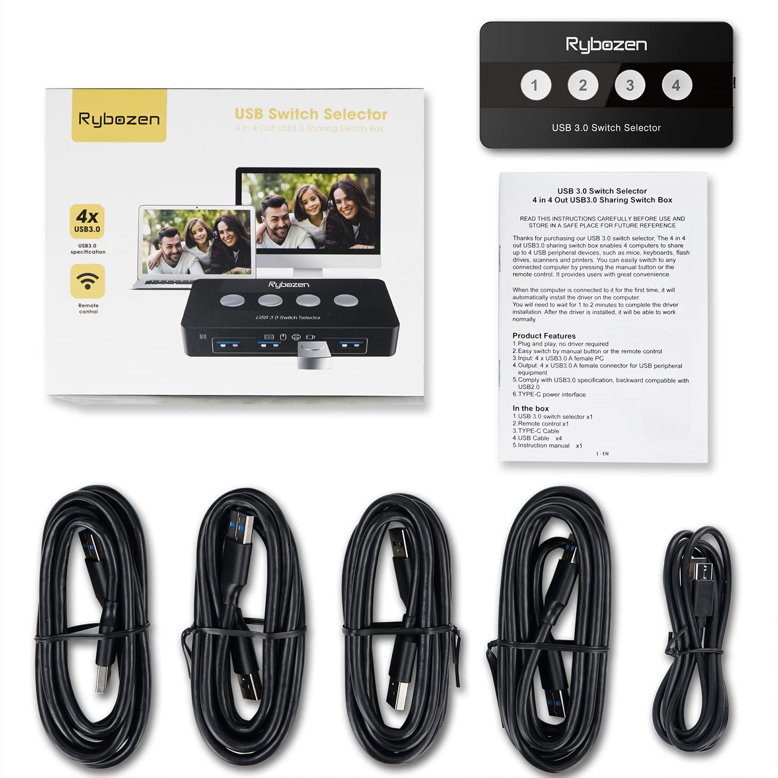 USB 3.0 Switch Selector, 4 Port KVM Switch USB Peripheral Switcher Box, 4 Comput