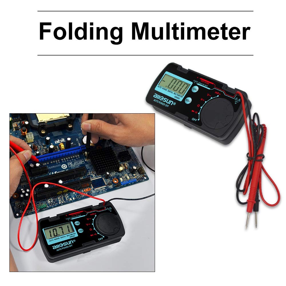 allsun Mini Auto Range Folding Digital Multimeter Compact, Red and Black