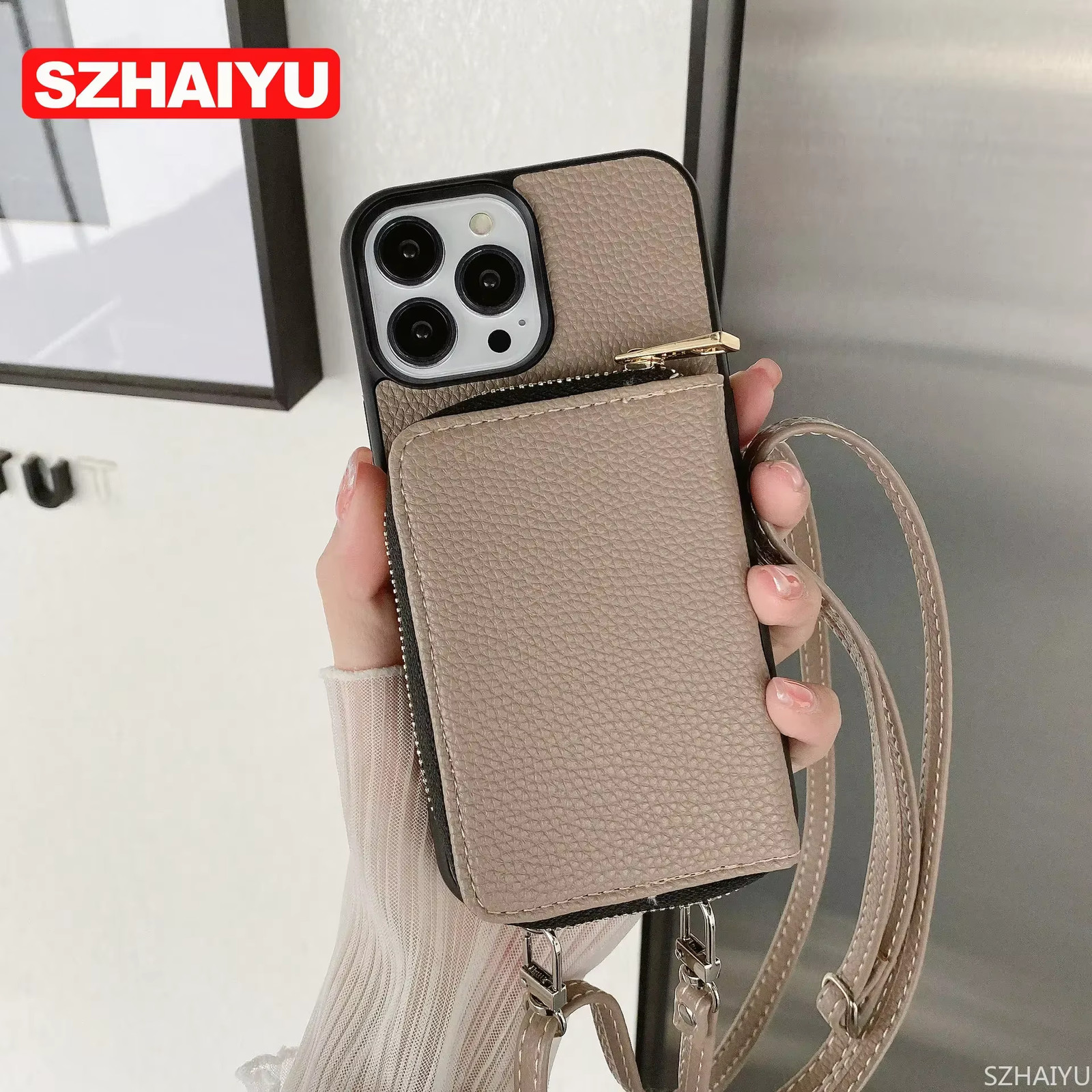 Material: PC, Color: army green - Zipper Wallet Phone Case For iPhone 16 15 14 1