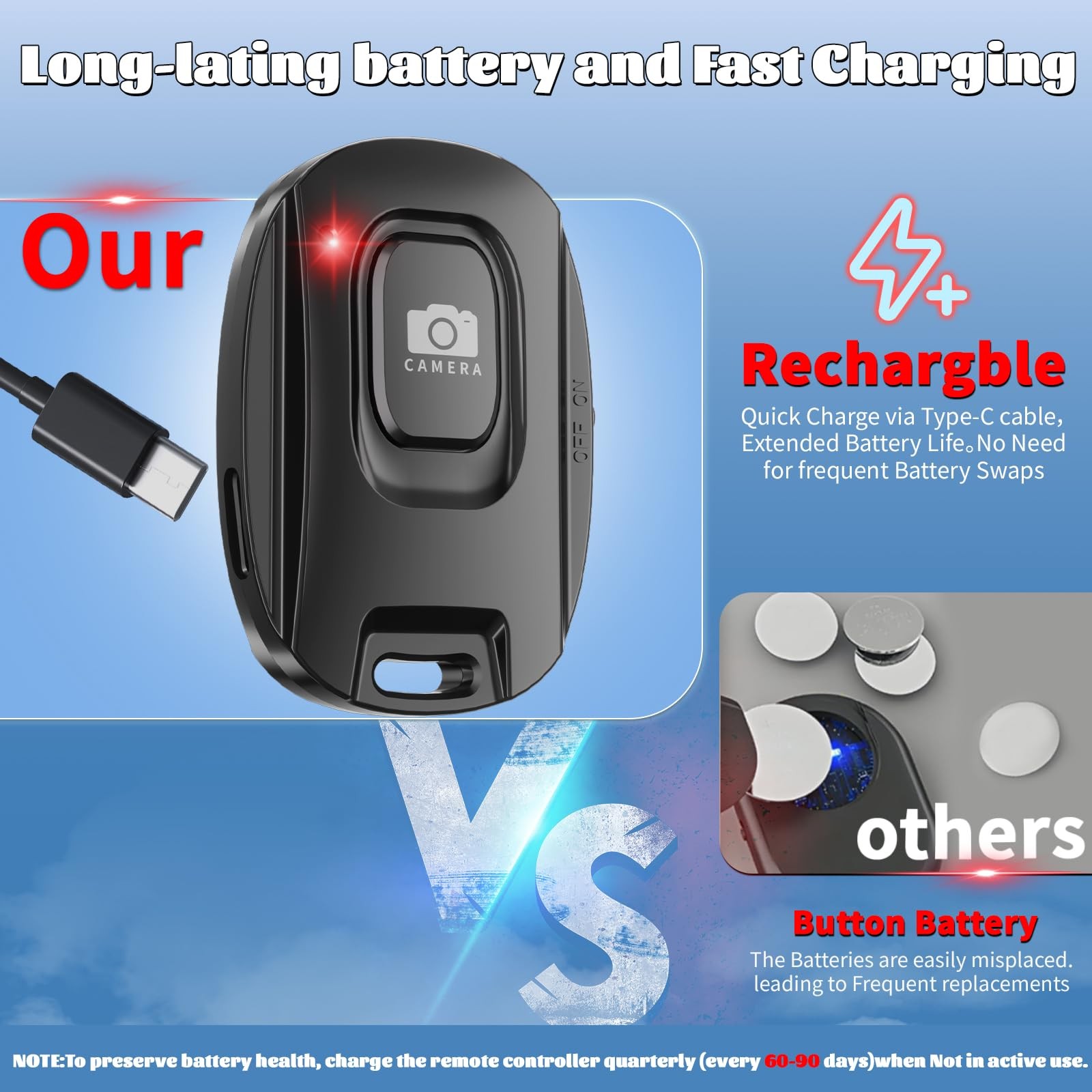 Rechargeable Wireles Camera Remote Bluetoth Selfi Shutter iPhone Android w/Strap
