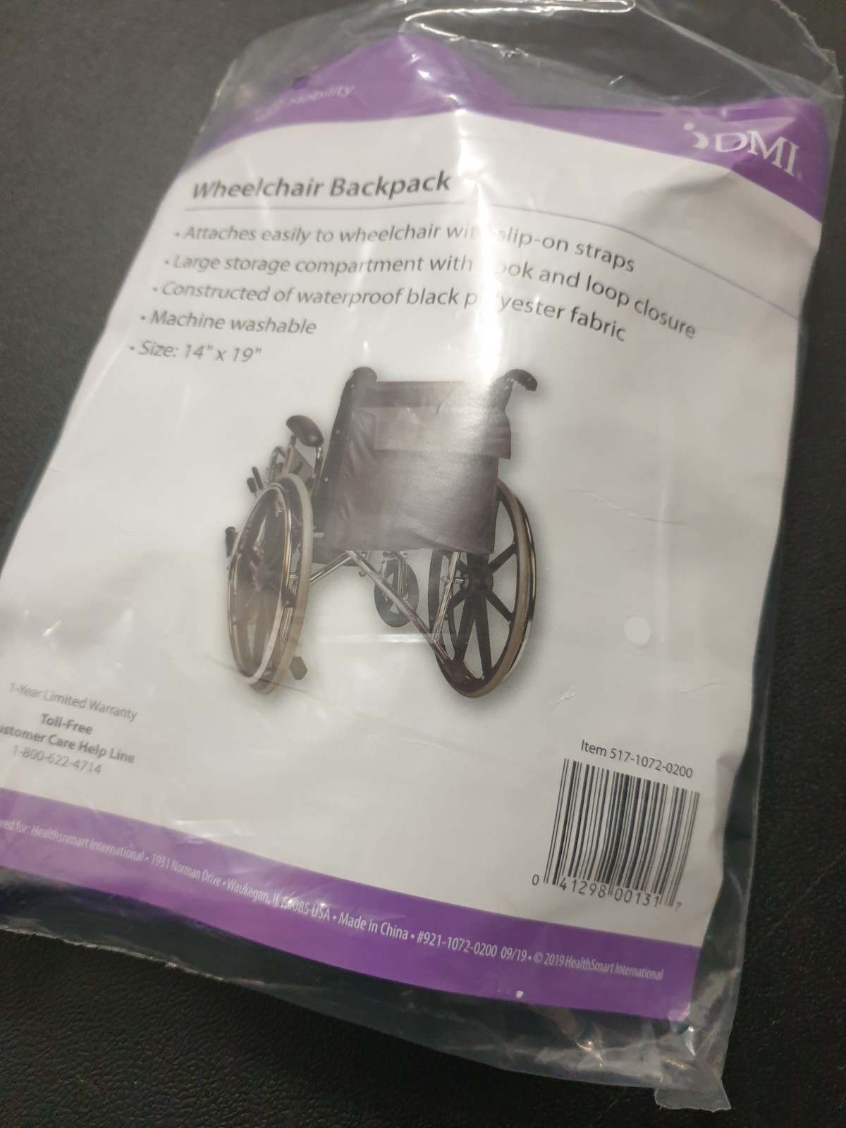 DMI Wheelchair Backpack Black 14 x 19" Nylon Hook & Loop Closure Slip-on Straps