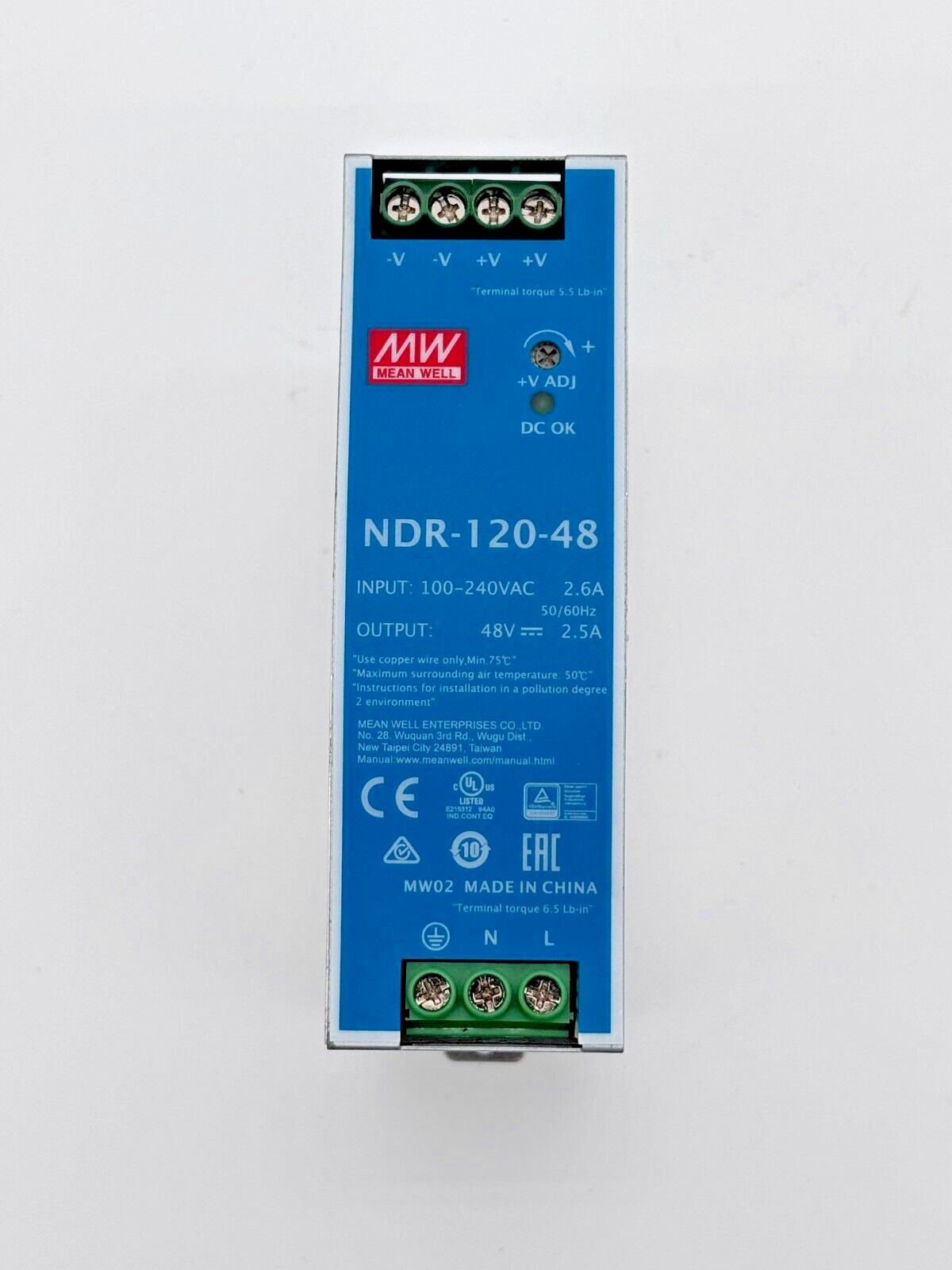 MW MEAN WELL NDR-120-48 120W / 48V DC Power Supply, DIN Rail, PFC. AC/DC Input.