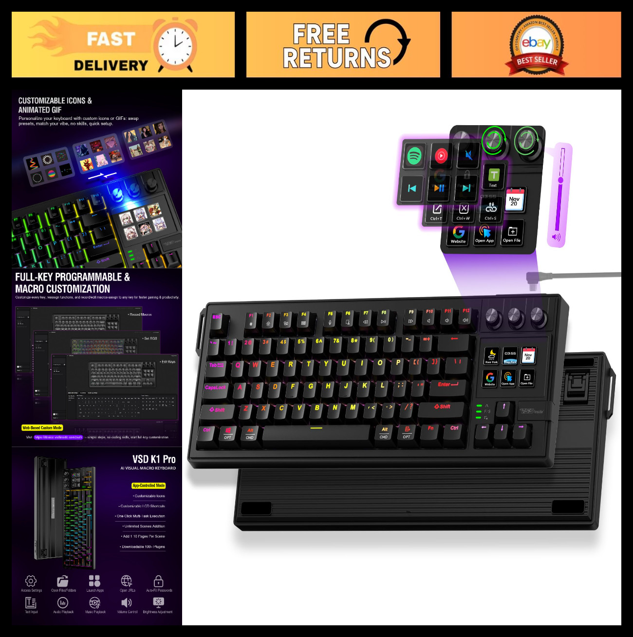 Full-Key Programmable Macro Keyboard - Wired Mechanical Gaming Keypad, RGB Backl