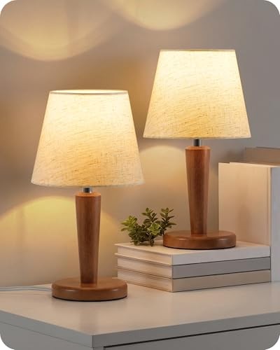 12" Wood Bedside Table Lamps Set of 2, Small Desk Lamps for Dark Wood & Beige