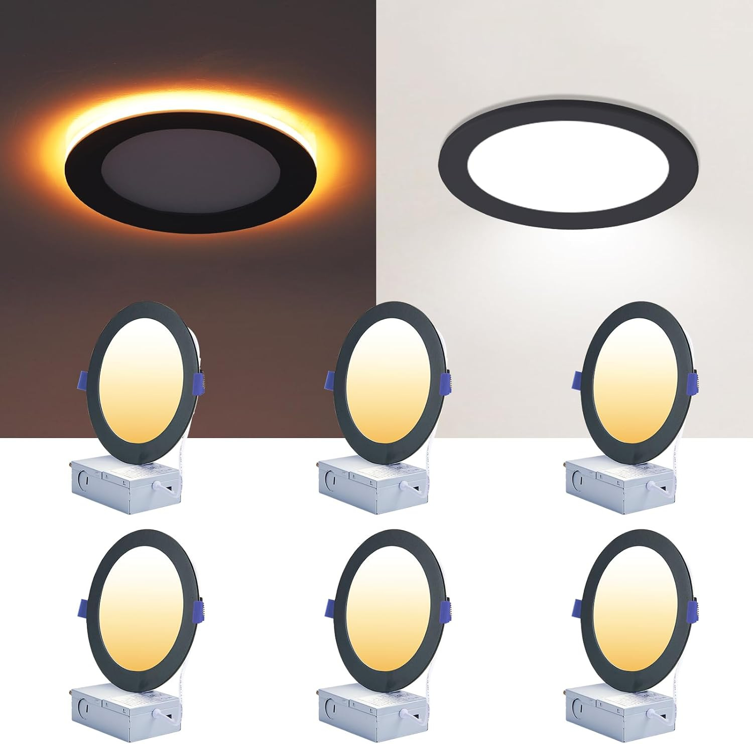 6 Pack Black Recessed Lights 6 Inch with Night Light, Canless Ultra Thin Wafer D