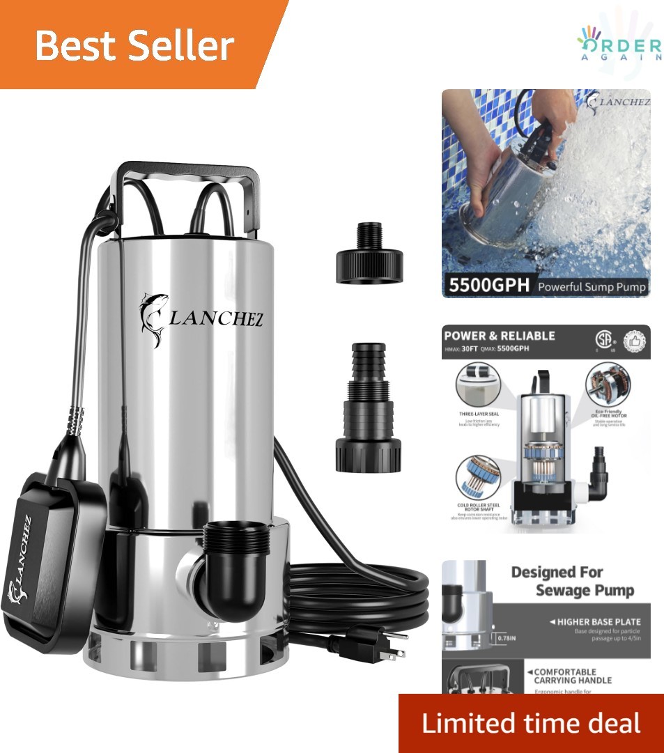 Stainless Steel Submersible Pump 1.6HP 5500GPH Flood Basement Pool Transfer
