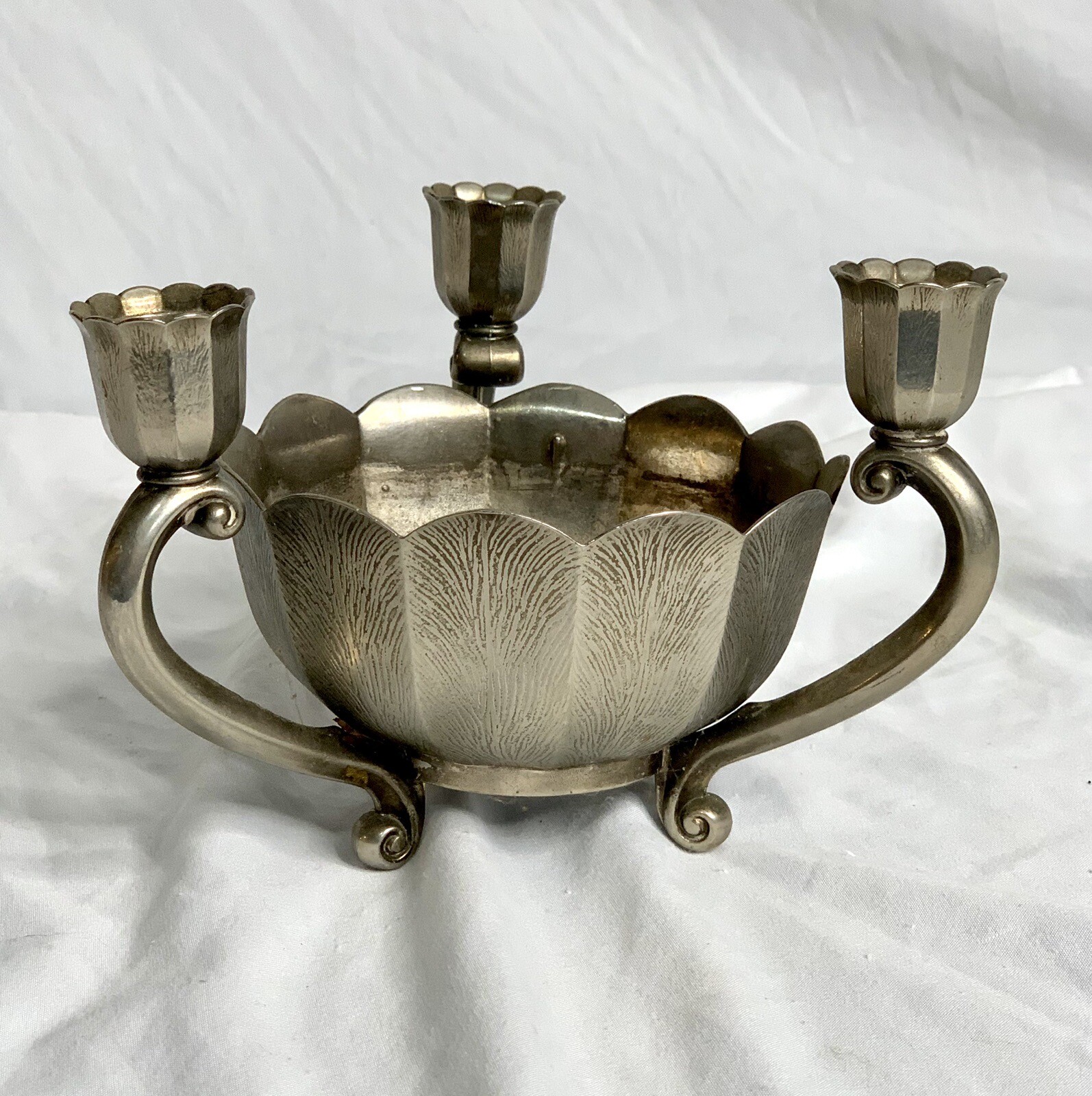 Vintage Italy Metal Flower Bowl 3 Candle Holder Candelabra Centerpiece