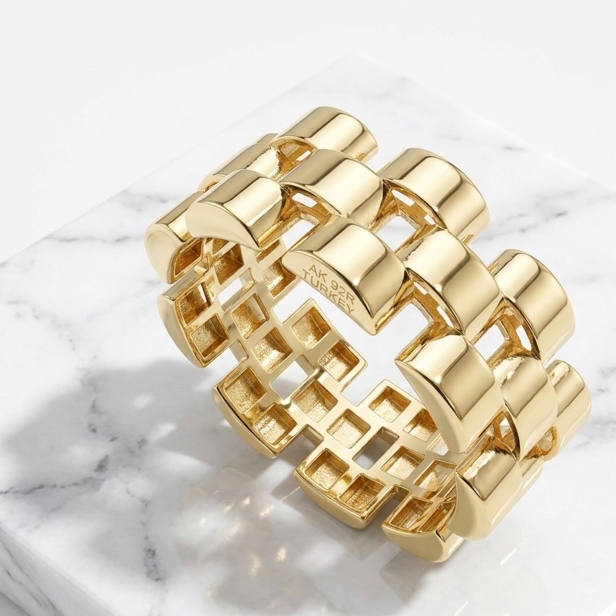 14k Yellow Gold Plated Sterling Silver Panther Link Watch Band Ring 9mm Sz 6-10