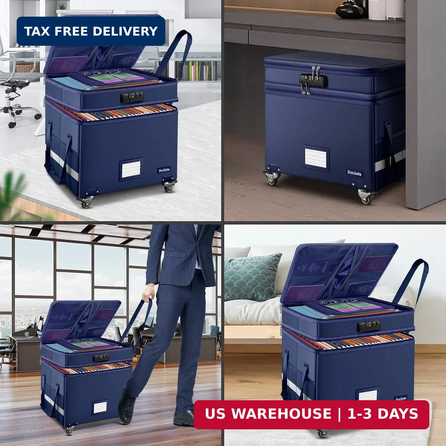 File Box with Lock, 2-Layer Fireproof Document Box with Wheels,Collapsib