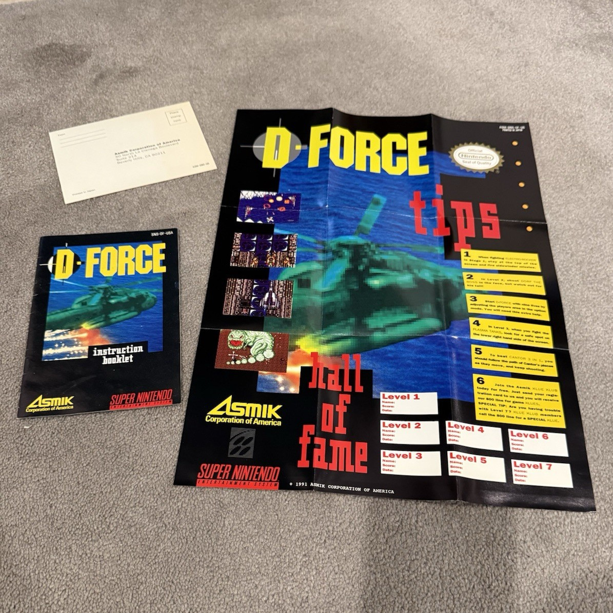 Asmik D-FORCE Original SNES Instruction Manual Booklet & Tips Poster Inserts