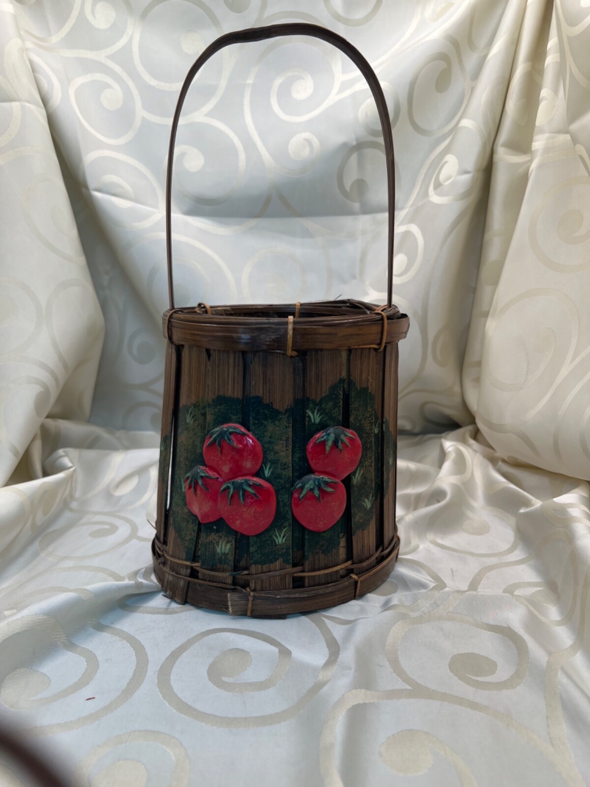 Vintage basket with tall handle hand painted tomatoes