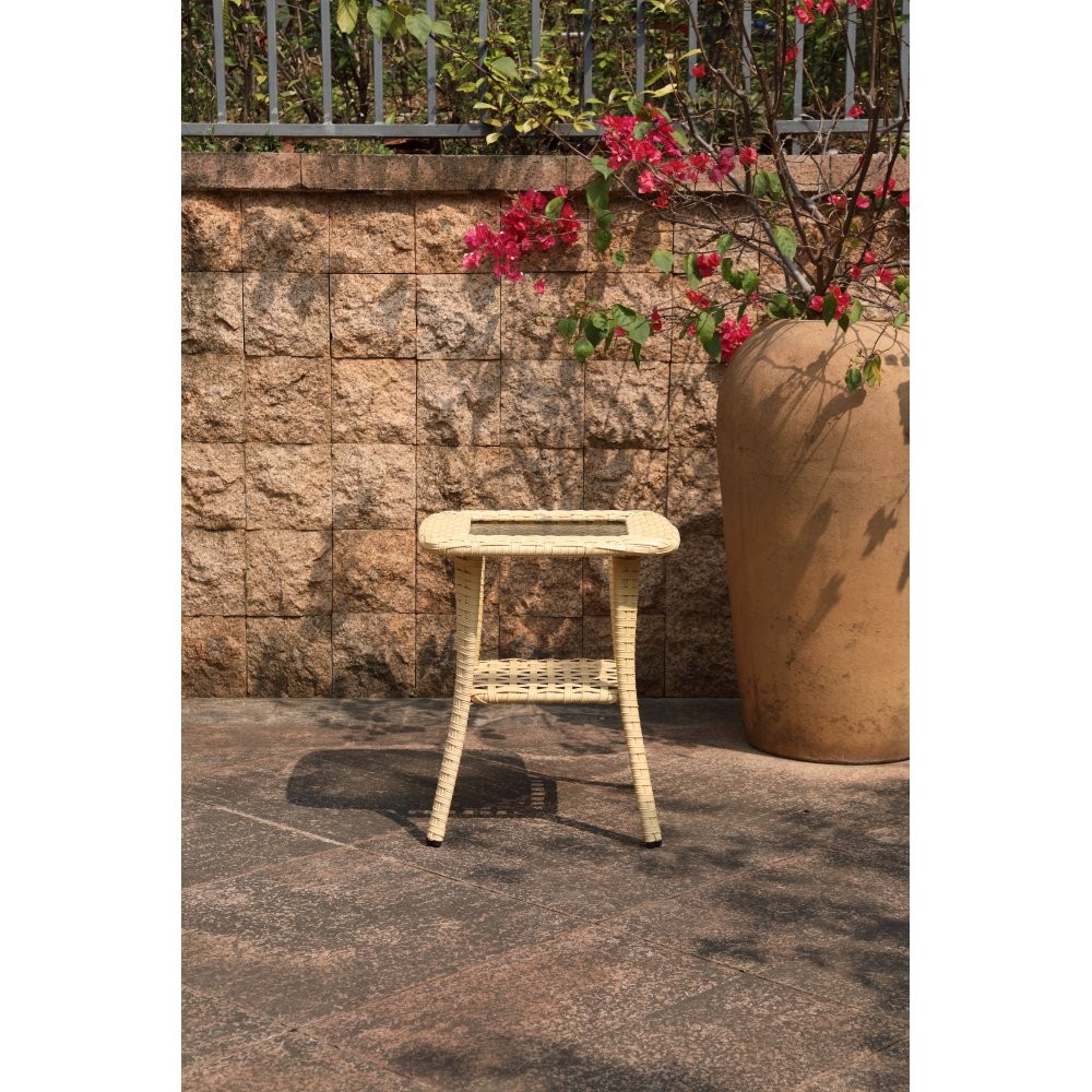 Outdoor Patio Side Table with Tempered Glass Top & 2-Tier Shelf