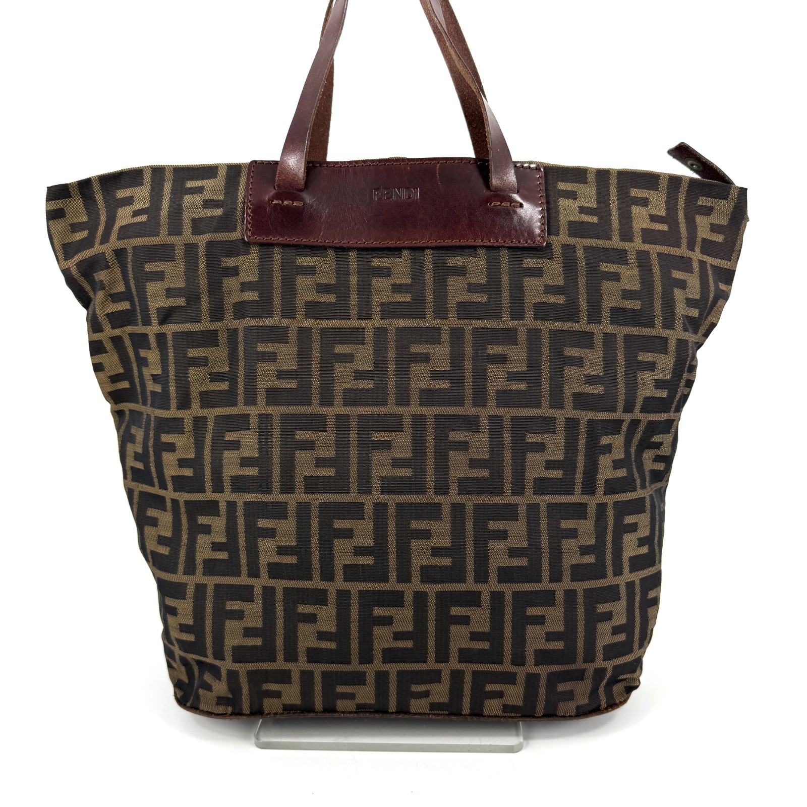FENDI Zucca Pattern FF Tote Bag Nylon Leather Brown Authentic