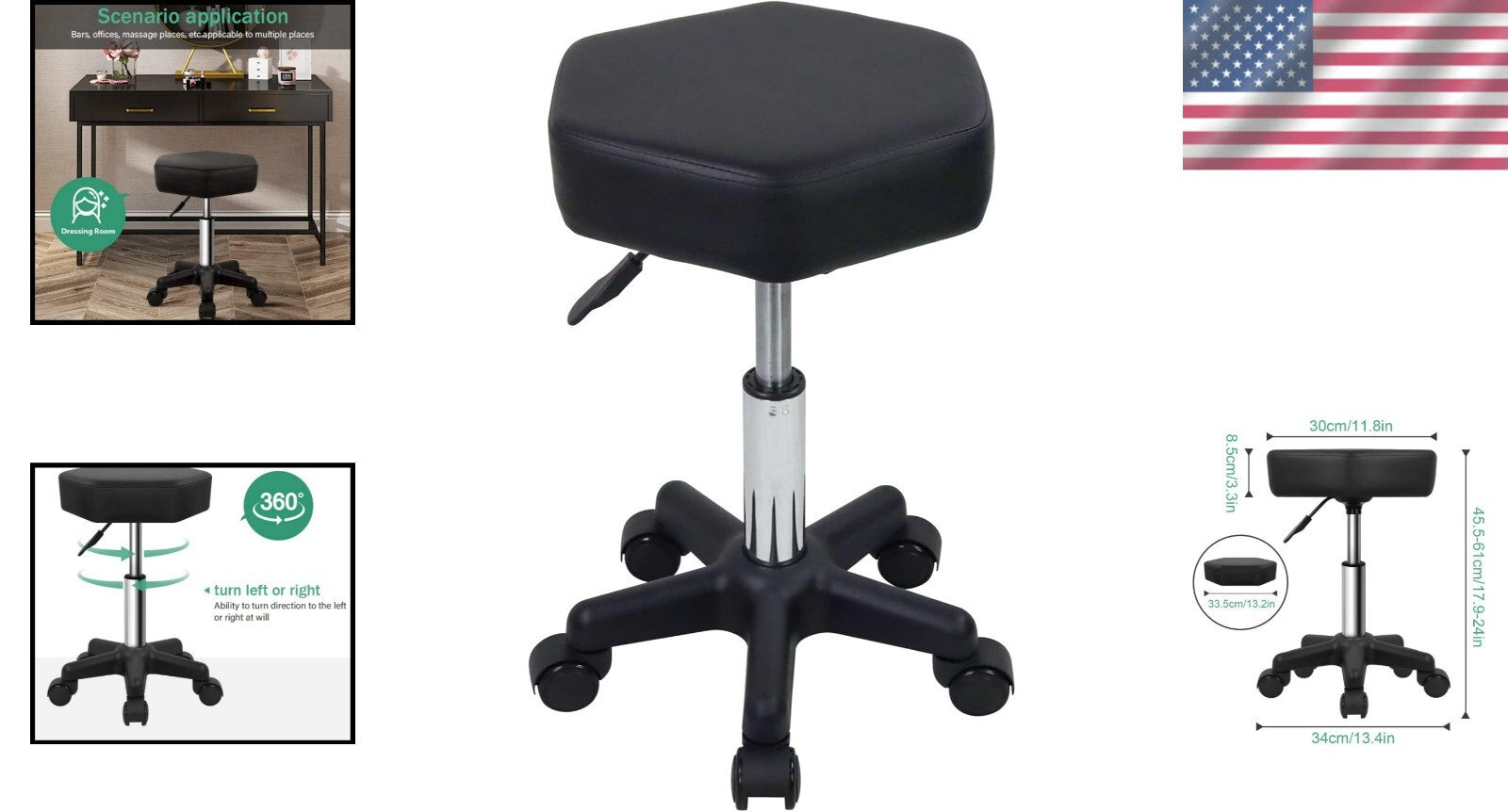 Height Adjustable Hexagon Rolling Stool for Spa & Salon - Modern Black Design