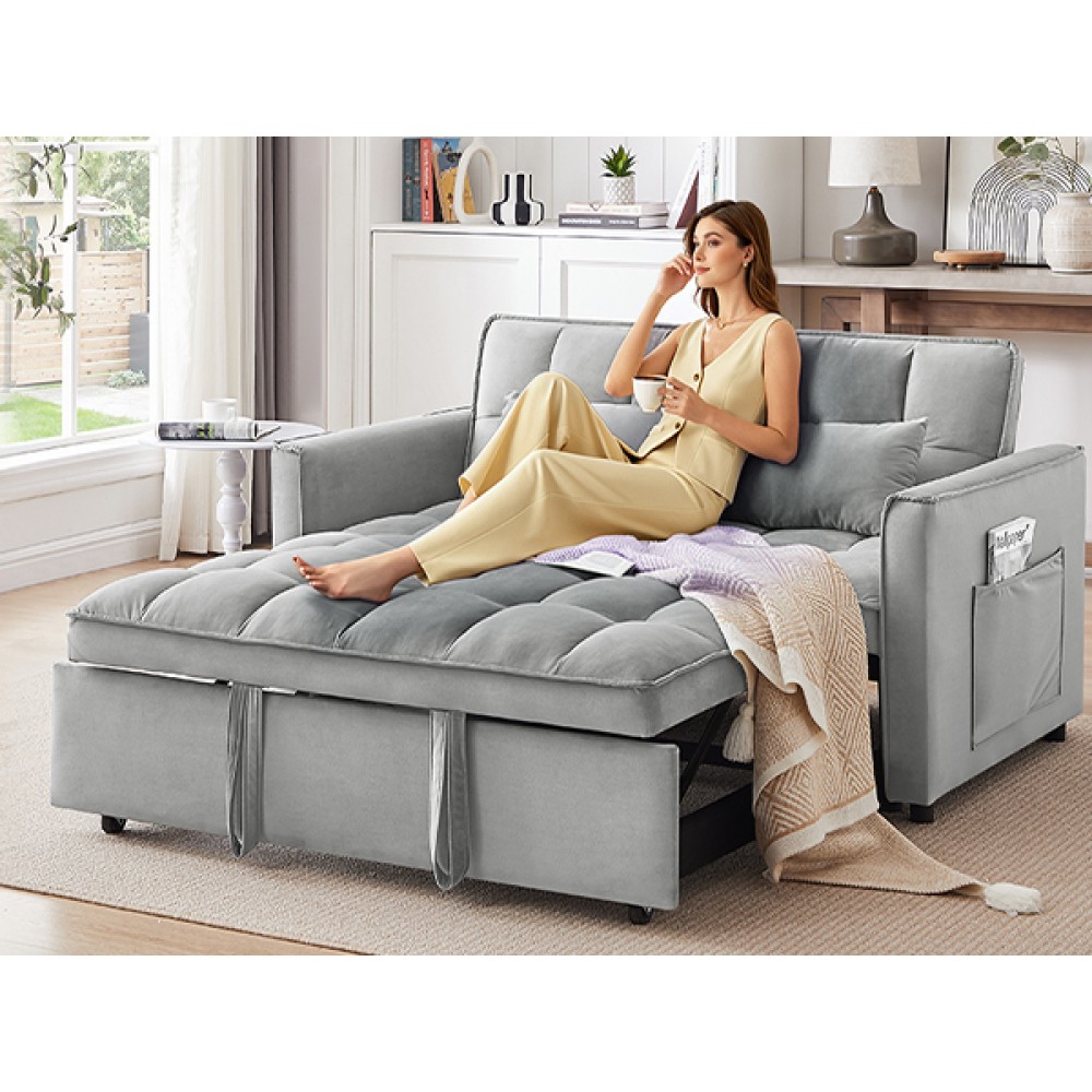Velvet Convertible Sofa Bed 3-in-1 w/ Adjustable Back & Storage, Light Gray