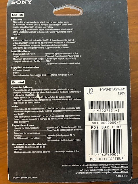 Sony HWS-BTA2W Bluetooth Wireless Audio Adapter - Dual Usage - New in package