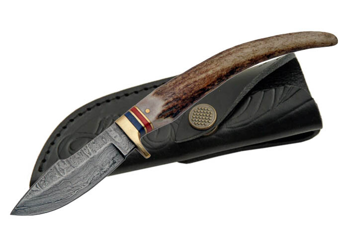 NEW 8" Damascus Steel, Stag Horn Handle Hunter Skinning Knife w/ Black Sheath