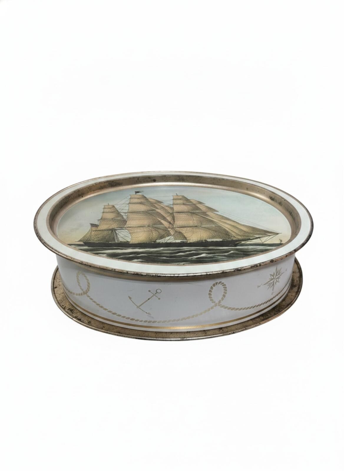 Round Decorative Metal Tin with Clipper Ship Lid