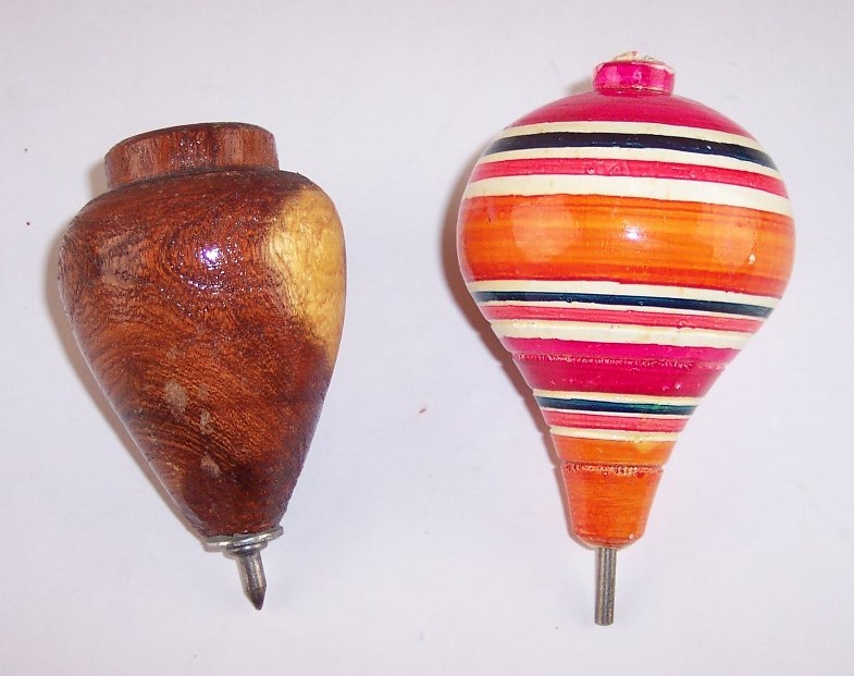 Vintage Lot of 2 Throw Throwing Tops, 1 Hardwood, 1 Hand Painted