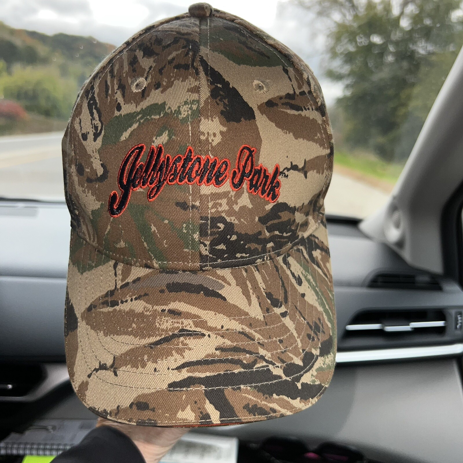 Jellystone Orange Letters w Black Outline on Camouflage Hat Cap Hook Loop EUC