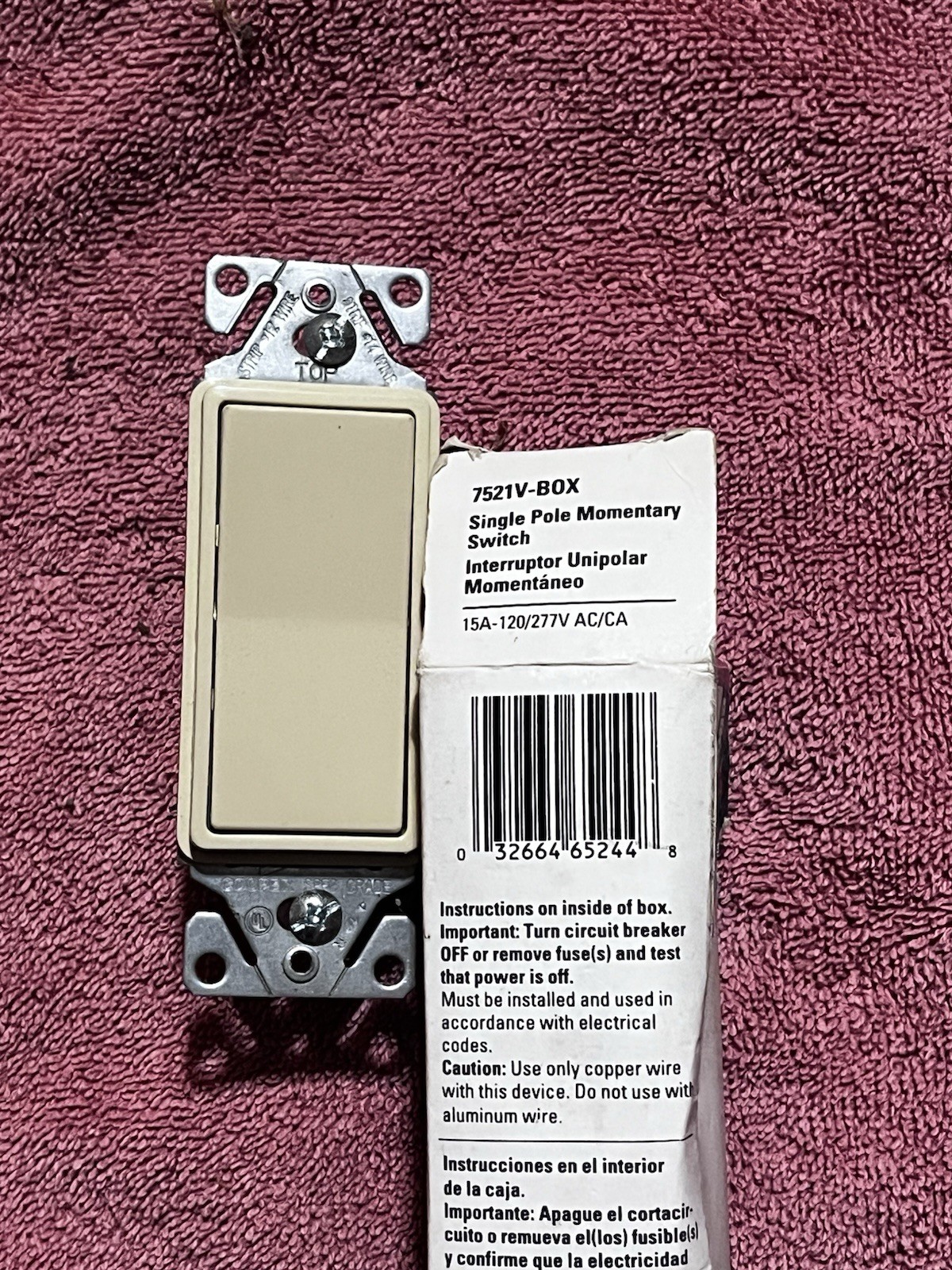 Cooper Wiring Devices 7521V-BOX SPST Momentary Decorator Rocker Switch 15A Beige