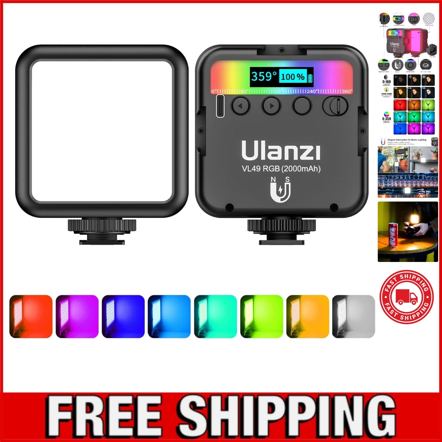 VL49 RGB Video Lights, LED Camera Light 360° Full Color Portable Photography ...