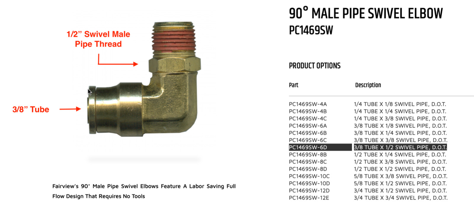 DOT PUSH TO CONNECT AIR BRAKE 90 ELBOW 3/8" TUBE X 1/2 MNPT BRASS SWIVEL EZ NSTL