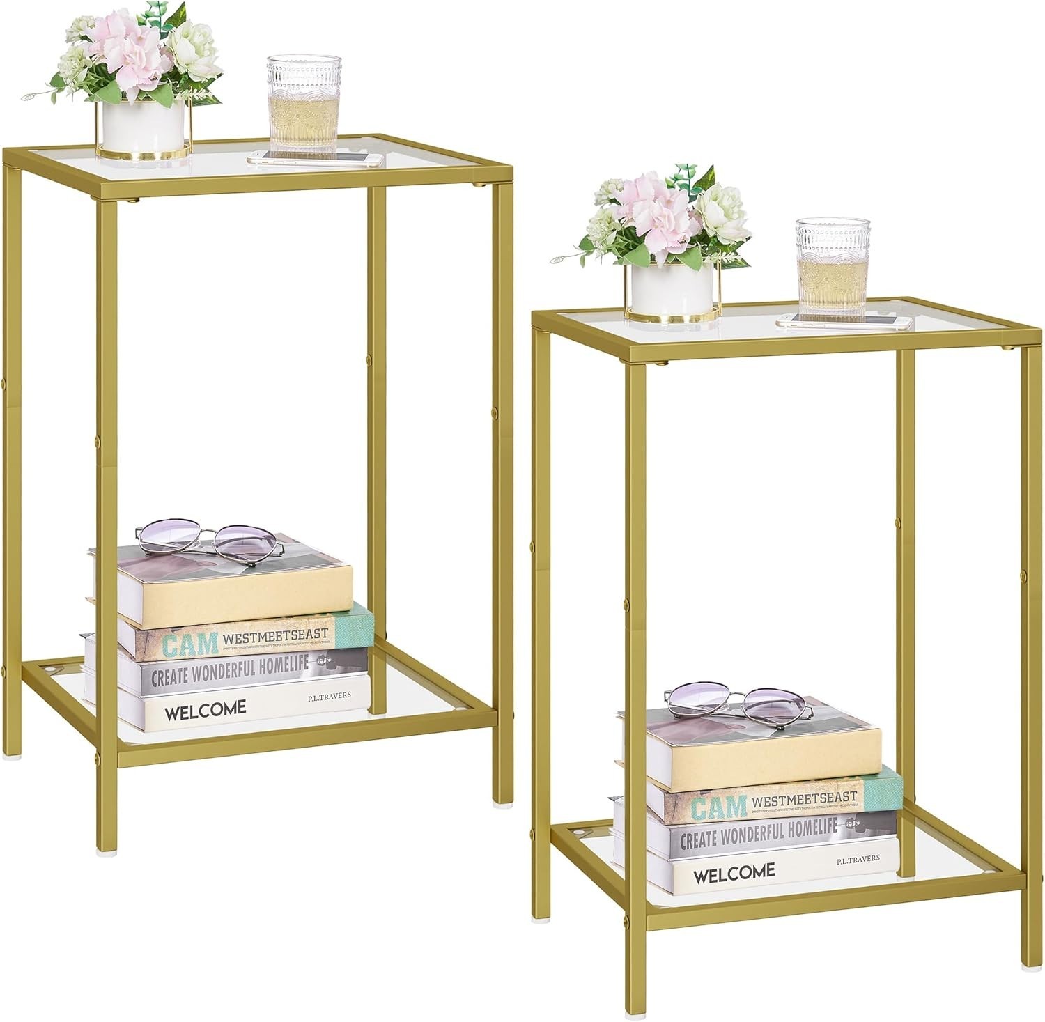 Side Tables Set of 2, End Tables with Tempered Glass, 2-Tier Nightstands,