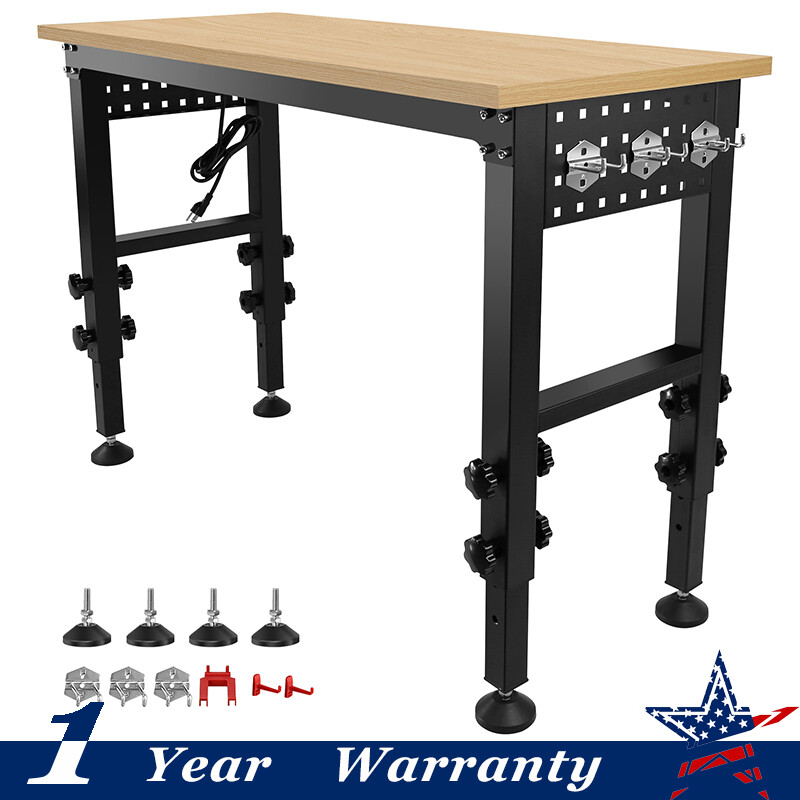 48" Adjustable Workbench w/ Power Outlet Heavy Duty Load Capacity Hardwood Table