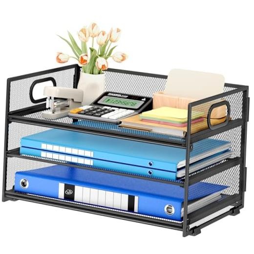3 Tier Paper Letter Tray Organizer for Desk Metal 12.6" x 9.1" x 8.1" Black