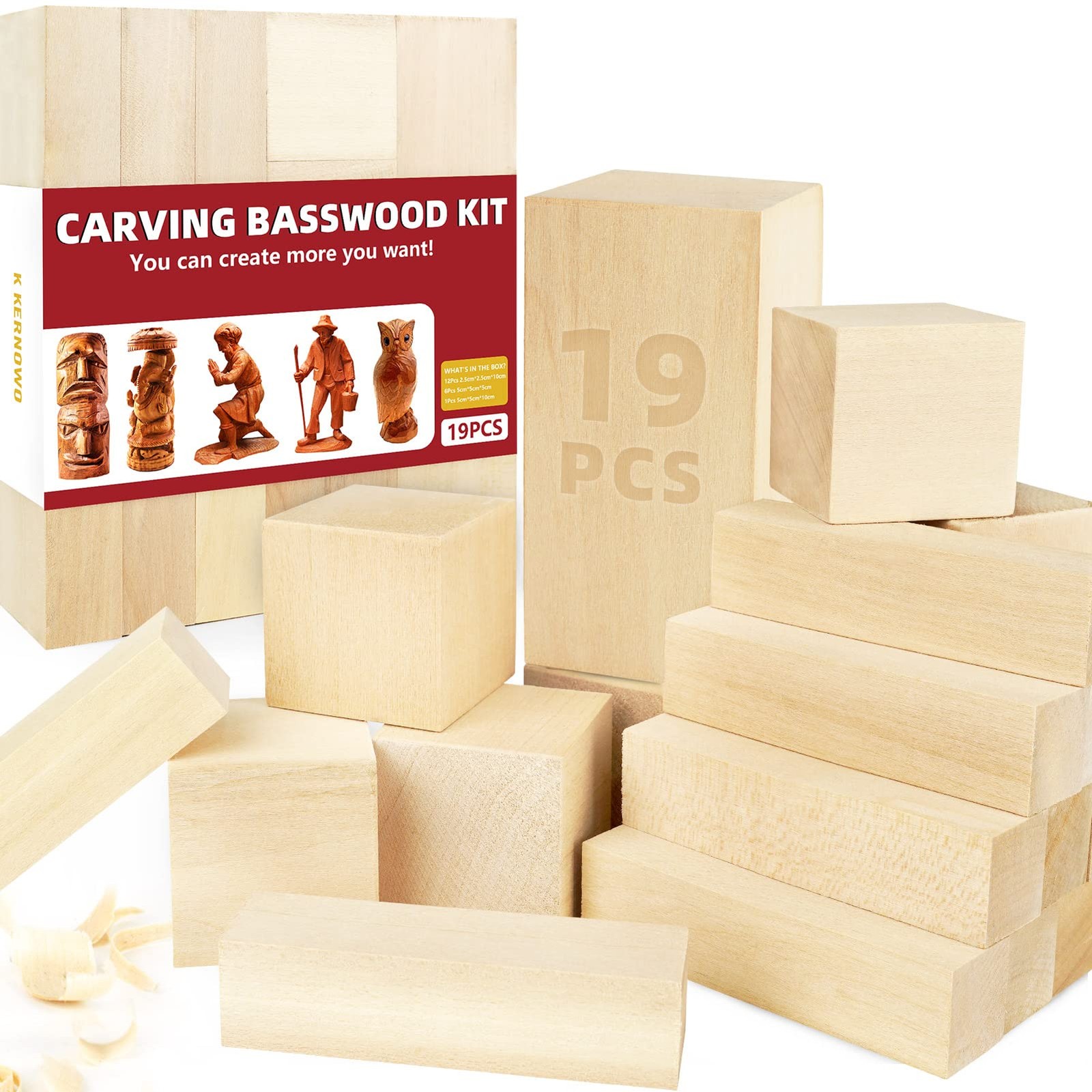 Basswood Carving Blocks, 19PCS Whittling Wood Blocks Kit with 3 Different Siz...