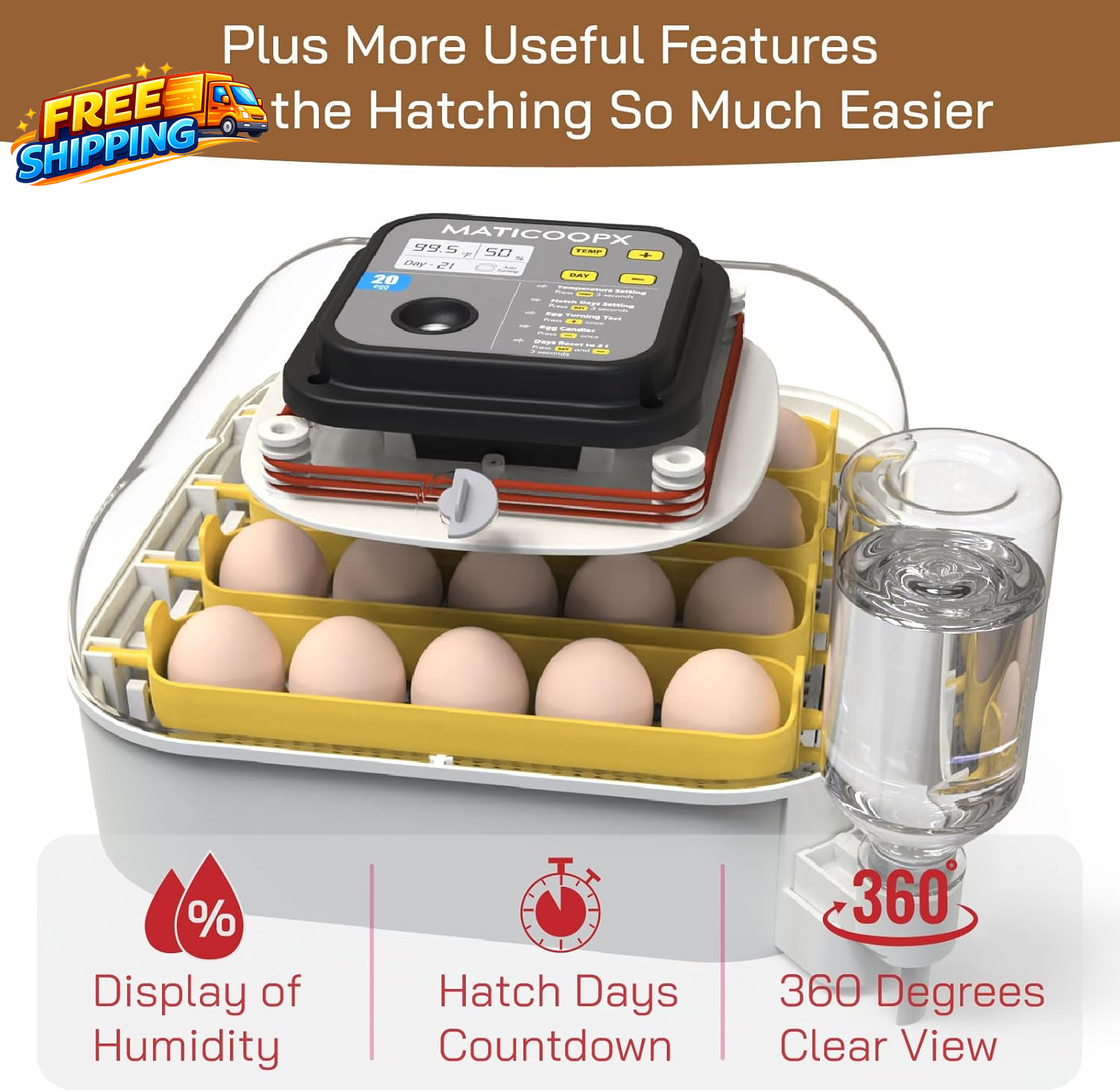 20 Egg Incubator with Humidity Display Egg Candler Automatic Egg Turner