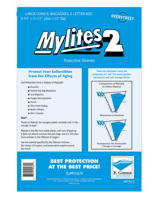 25 Sleeves E Gerber Mylites 2 Mil Mylar Bags - Large Comics & Magazine