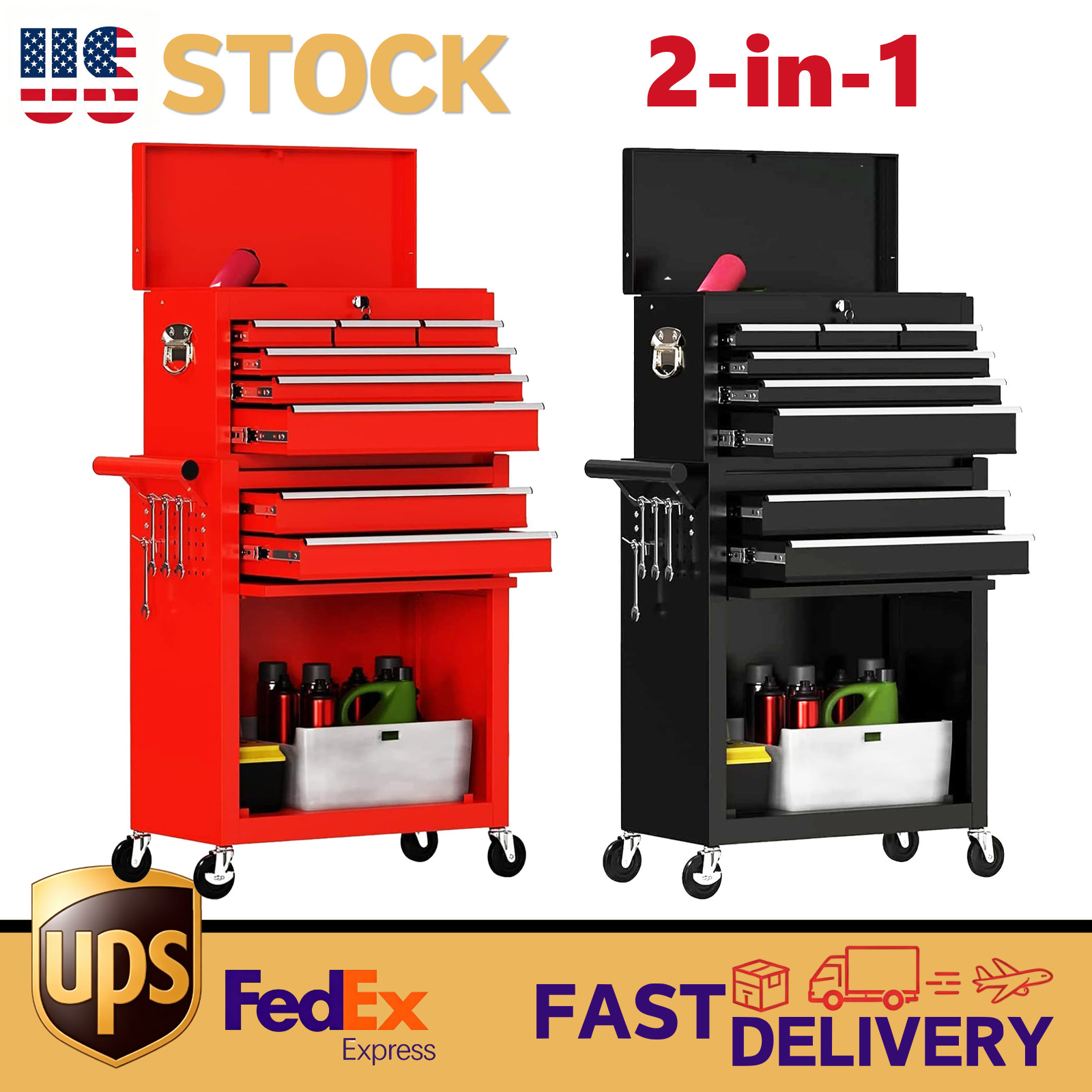 Rolling Tool Chest w/ 8-Drawers Tool Box Tool Cart Mechanic Cabinet 2-IN-1