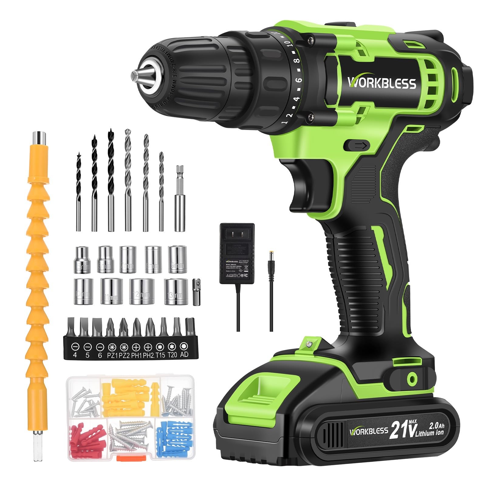 21V Power Drill Set, Cordless Drill with Battery and Charger, 3/8'' Keyless C...