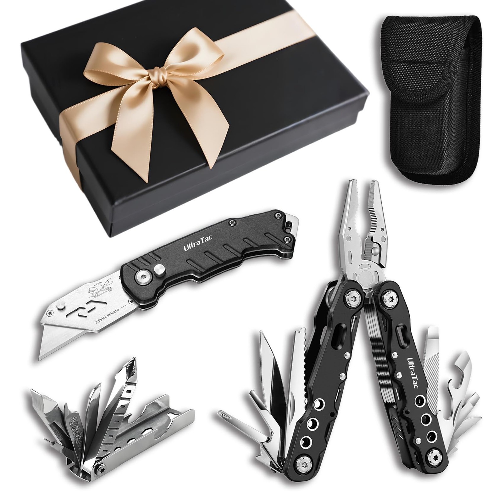 UltraTac Military Grade Multitool Gift Set for Men, Compact Survival Black
