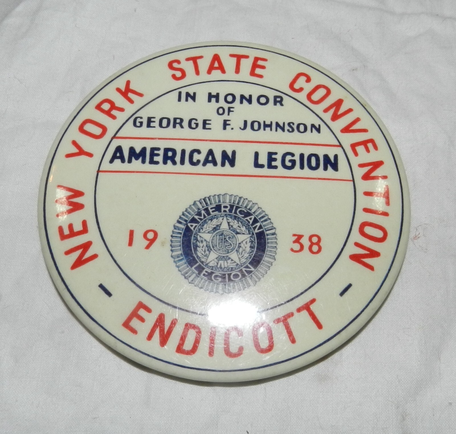 Vintage 1938 NY State Convention American Legion Pin- honor of George F. Johson