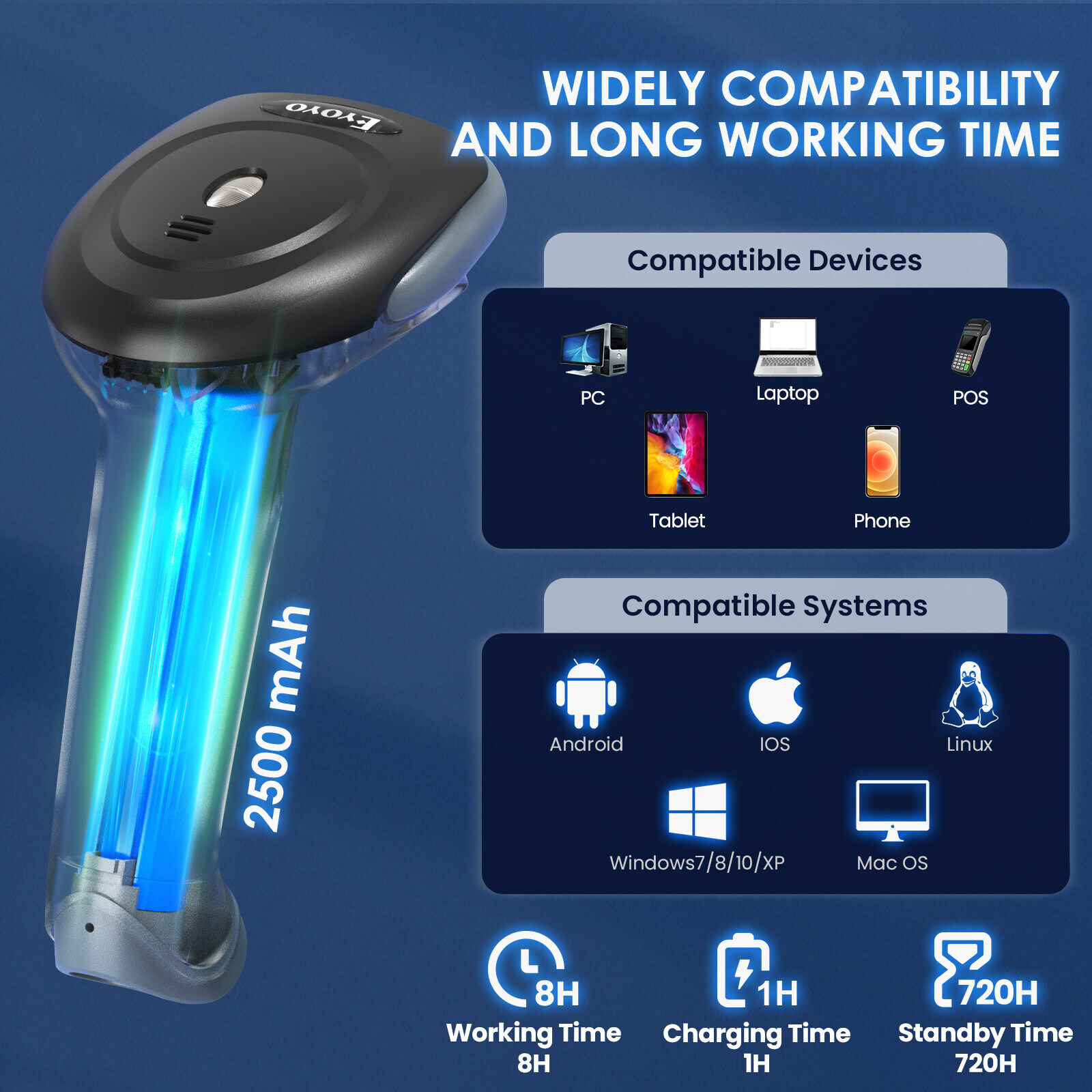 Eyoyo 1D 2D QR Code Wireless Barcode Scanner Library Warehouse Inventory Scanner