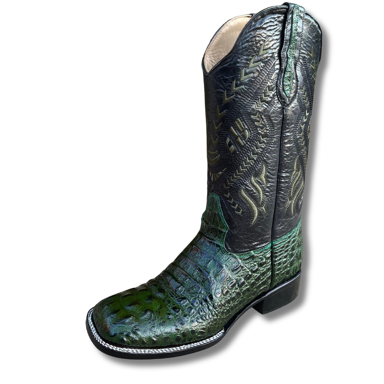 MEN'S COWBOY ALLIGATOR NECK PRINT SQUARE TOE BOOT - Handmade in Mexico - Olive