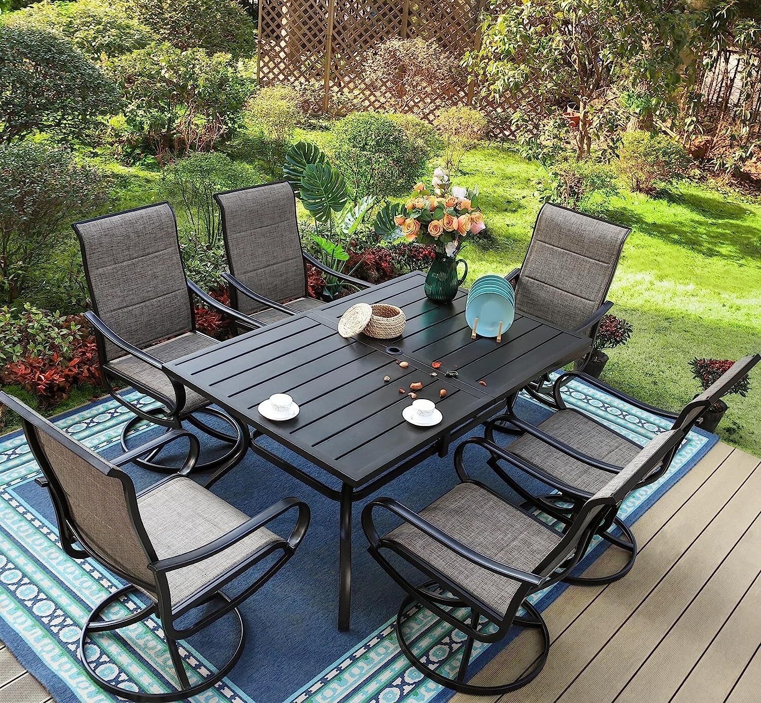 PHI VILLA Patio Dining Table for 6 Person Outdoor Table with Umbrella Hole Black