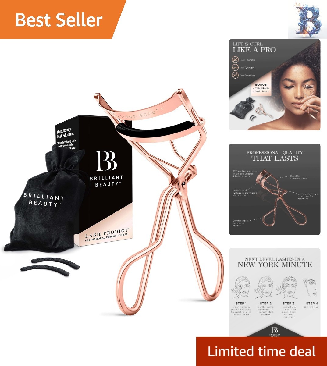 Eyelash Curler with Refill Pads & Satin Pouch for Effortless Glam