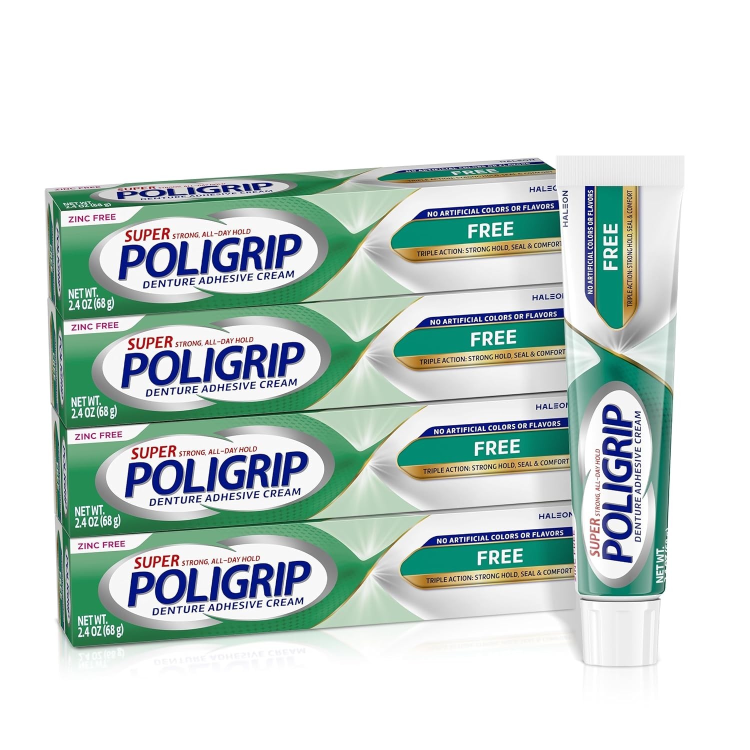 Super Poligrip Zinc Free Denture & Partials Adhesive Cream, 2.4 ounce Pack of 4