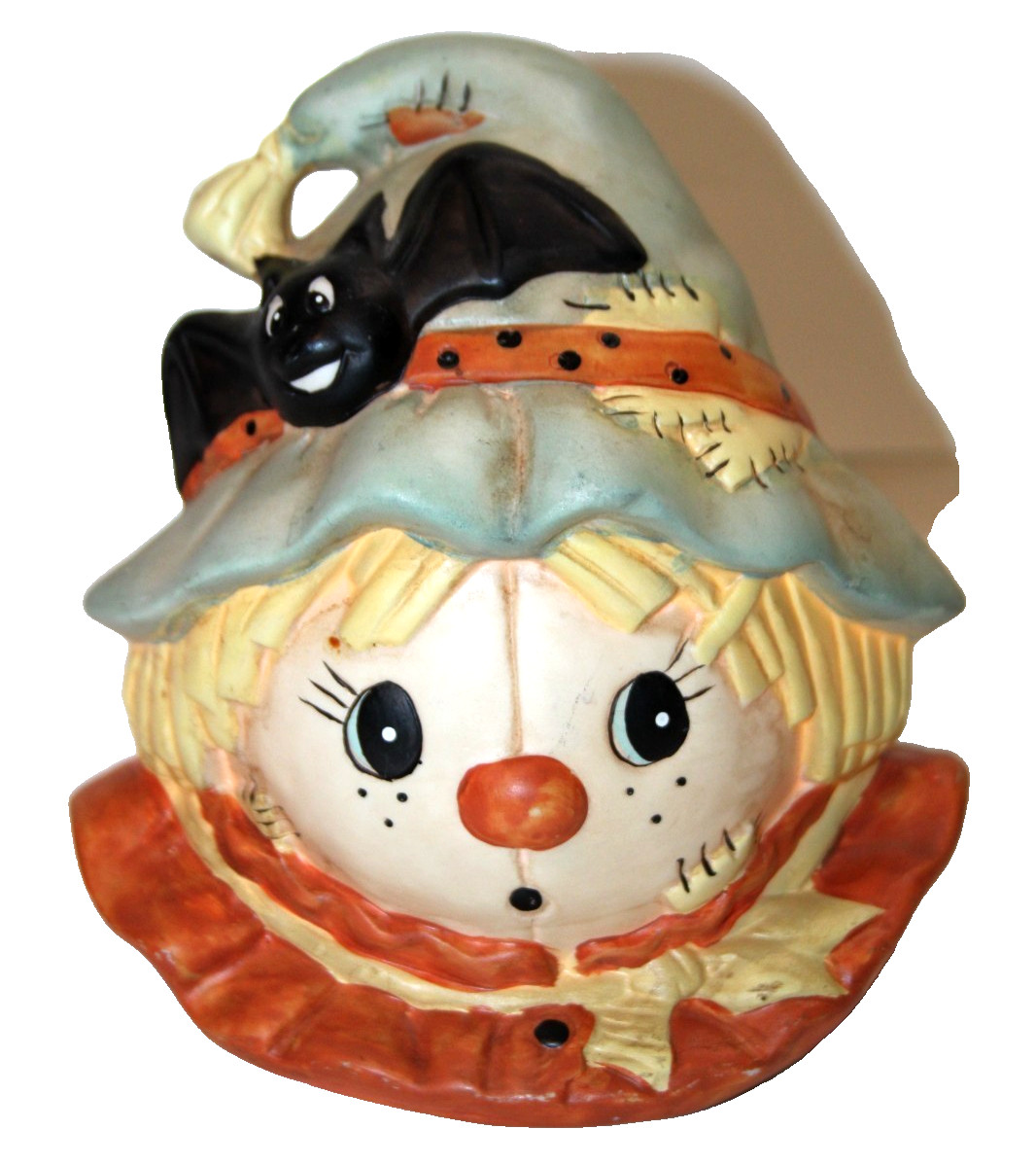 Scarecrow Halloween Night Light Ceramic Plug In Lamp Illuminated Hat Bat Vintage