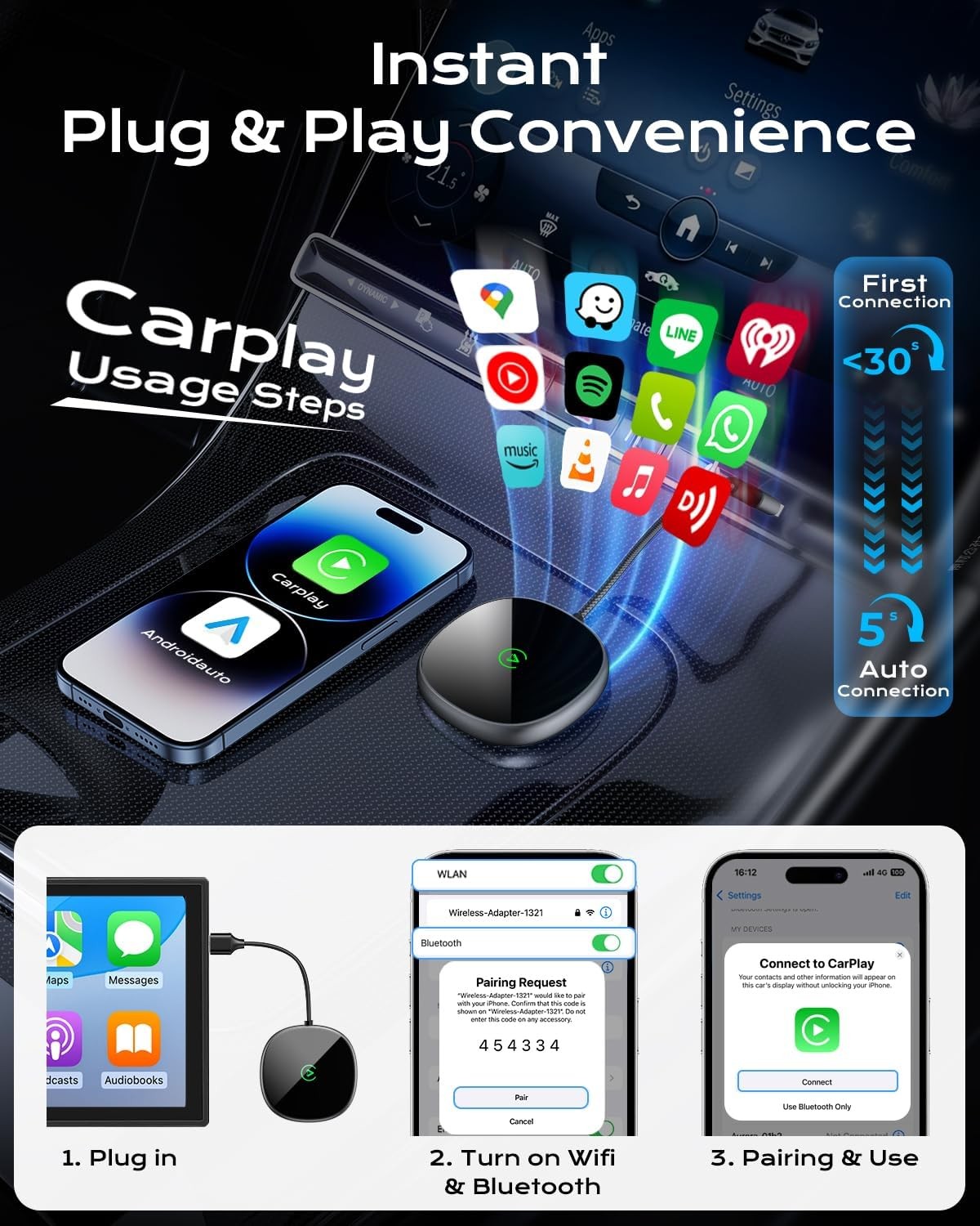 Auto Wireless CarPlay Adapter 2-in-1 for iPhone/Android, Wired to Wireless, Grey