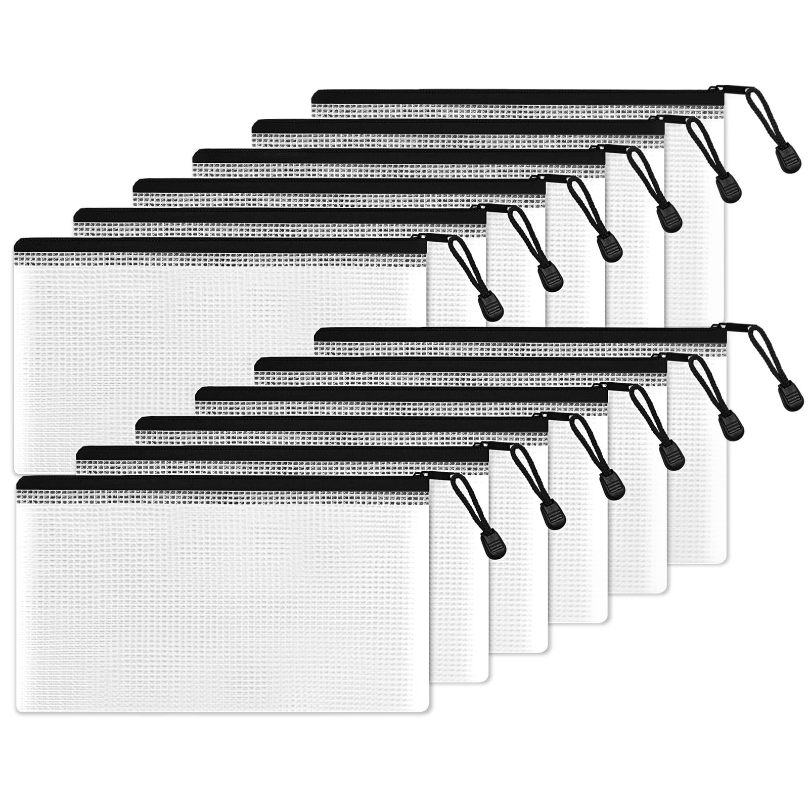 12 Packs Black Plastic Mesh Zipper Pouch, 4.6x9.2 in, Water-Resistant Bag